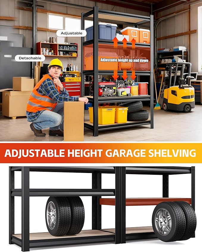 AOAORRG Set of 5 Garage Shelving Heavy Duty Storage Shelves, Metal Adjustable Shelving Unit, Utility Garage Organizer Shelf for Basement, Pantry, Kitchen, Warehouse, 45.6" Wx17.7 Dx71.2 H, Black
