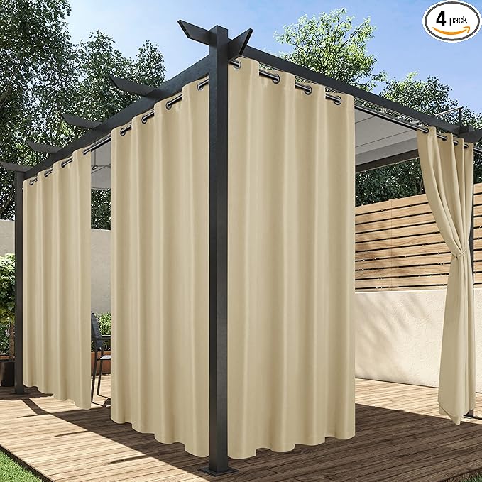 HolidayIdeas Outdoor Curtains for Patio Waterproof, 4 Panels - 54 x 84 Inch - Privacy Protection & Light Filtering Curtains Cream Grommet Outside Curtains for Porch, Gazebo, Pergola, Backyard