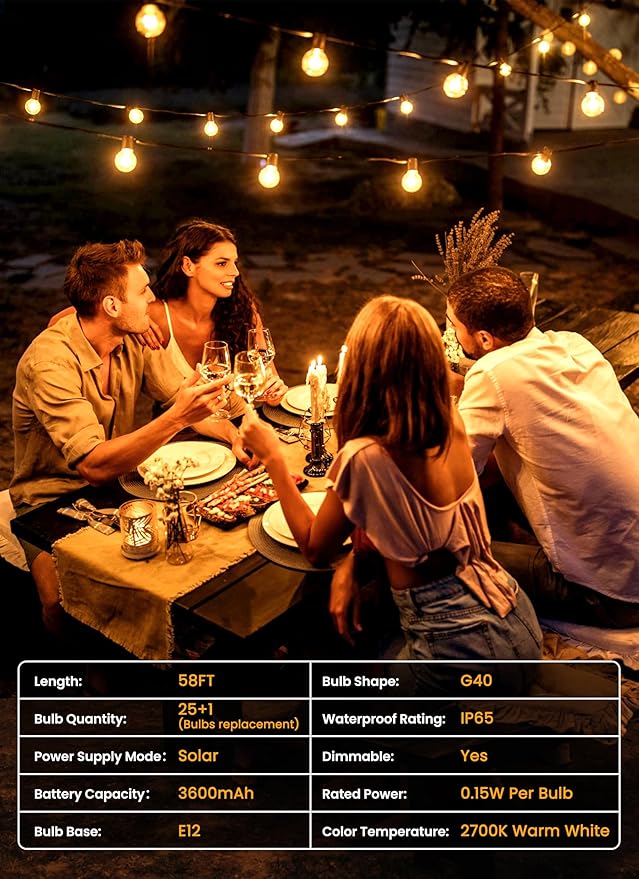 Brightown 58FT Solar String Lights Outdoor with Remote and 26 LED Shatterproof Bulbs, Dimmable & Timable, 3 Light Modes, Solar Patio String Lights Outdoor for Cafe, Garden, Deck, Outside Wedding