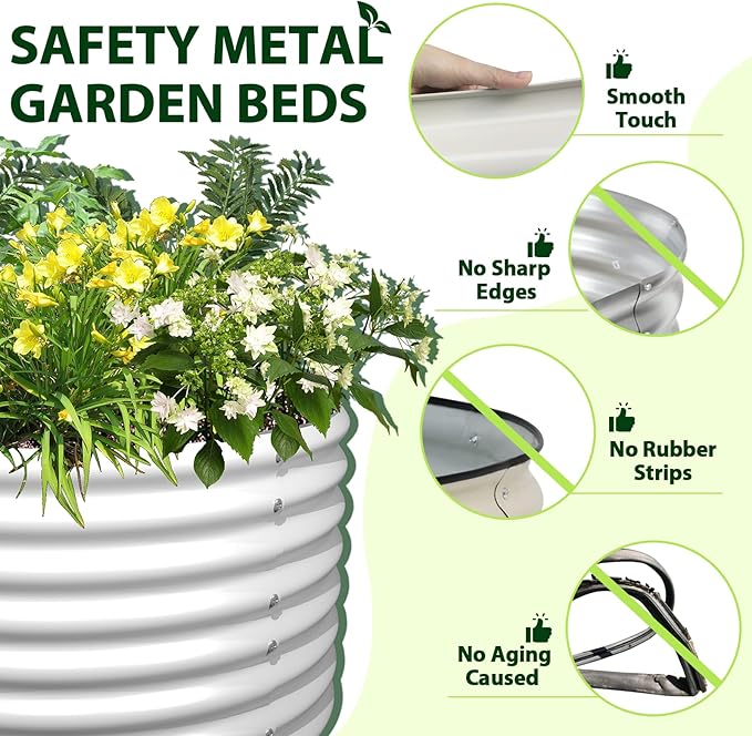 A ANLEOLIFE 6-Set 8X4X2 ft Galvanized Raised Garden Bed Kit, Oval Metal Deep Root Planters for Outdoor Plants, Antique White