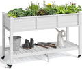 YITAHOME Raised Garden Bed HDPE, 47x18x31In Raised Flower Bed Poly-Wood Weather-Resistant Elevated Planter Box with Lockable Wheels & Storage Shelf for Vegetable Flower, White