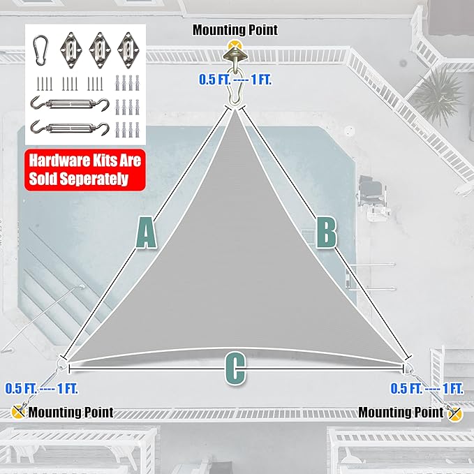 Amgo Custom Size 11' x 16' x 19.4' Gray Right Triangle Sun Shade Sail UPF50+ AGTAPRT12, Order to Make Canopy Awning, Water & Air Permeable, Commercial Standard (We Customize)