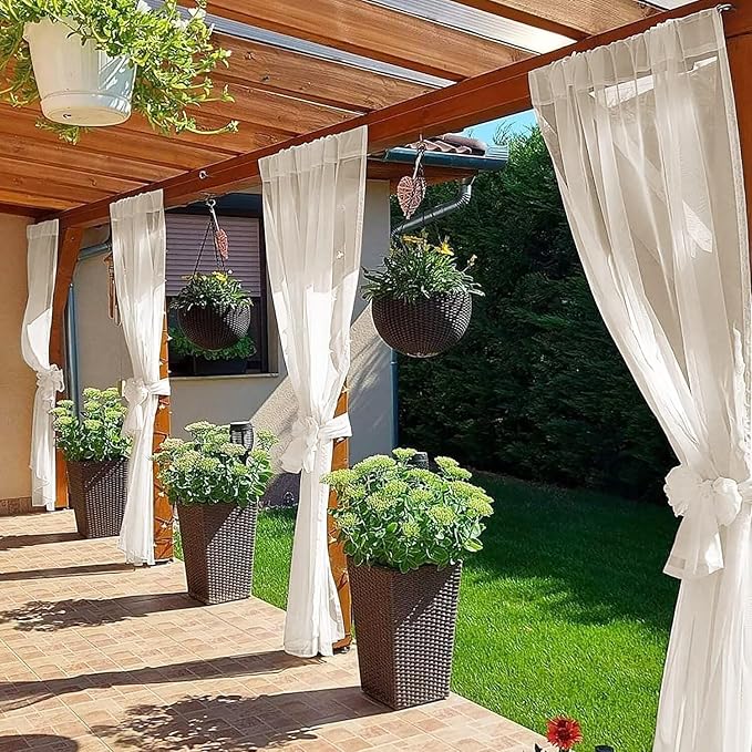 SpaceDresser Waterproof Outdoor Sheer Curtains for Patio - 2 Panels Rod Pocket Indoor Voile Sheer Curtain for Living Room,100W x 96L inch, Ivory