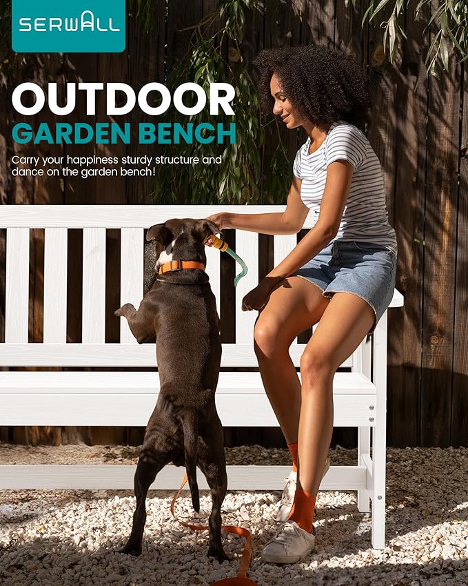 SERWALL Outdoor Bench, HDPE Outdoor Benches Weatherproof, 2-Person Garden Bench with 660 lbs Weight Capacity, Patio Benches for Outdoors, Garden, Porch, Backyard and Park, White