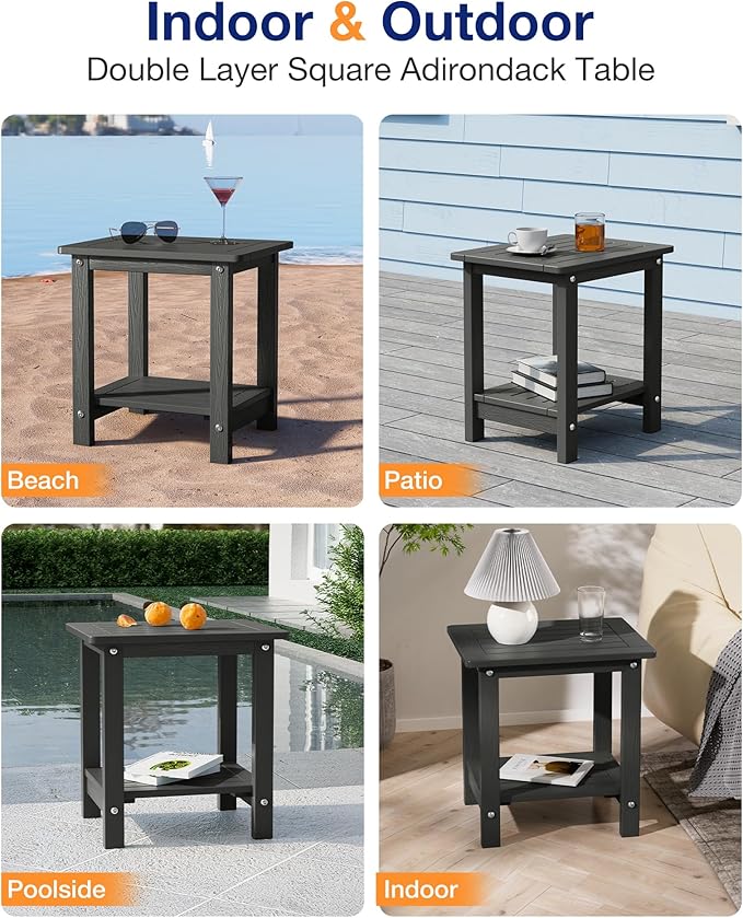 YEFU Outdoor Side Table for Patio: 16" HIPS Weather - Resistant Adirondack Tables Set of 2 - Small Square End Table for Backyard Living Room Bedroom - Indoor Outdoor Double Layer Table Dark Grey