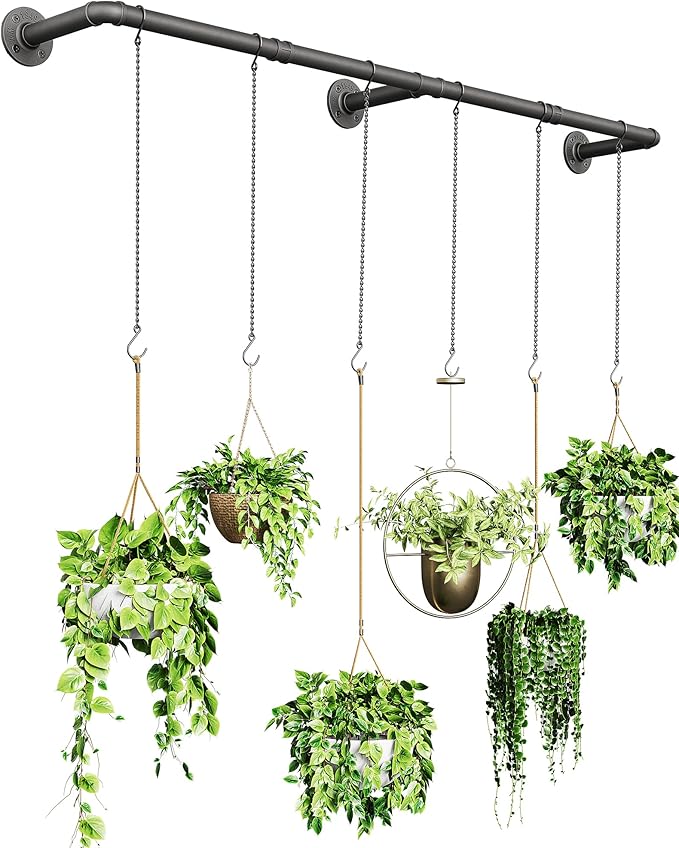 Plant Haning Rod, Hanging Planters for Indoor Plants with 6 Chains, Wall Plant Hanging Bar for Window Celling, 65.7 Inch, Metal Black, Pots Not Included