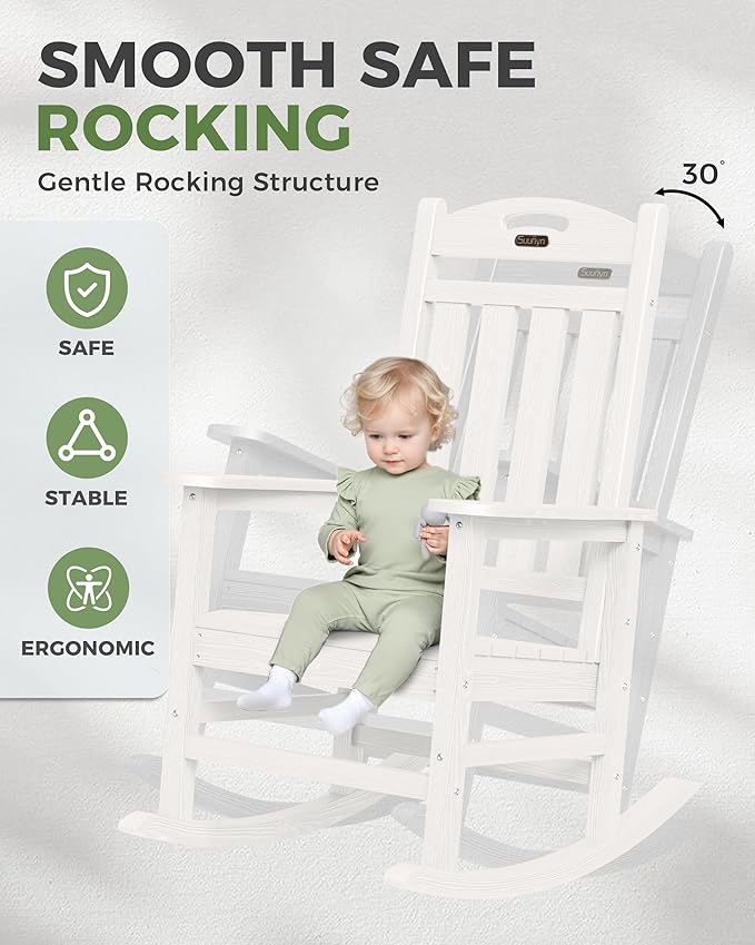 Oversized Outdoor Rocking Chair, High Back Patio Rocking Chair, HDPE All Weather Resistant Rocking Chairs for Patio,380lbs Weight Capacity, White