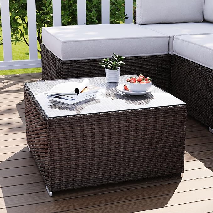 COSIEST Outdoor Furniture Brown Wicker Glass-Top Coffee Table for Expanding Sectional Sofa Set for Garden, Pool, Backyard