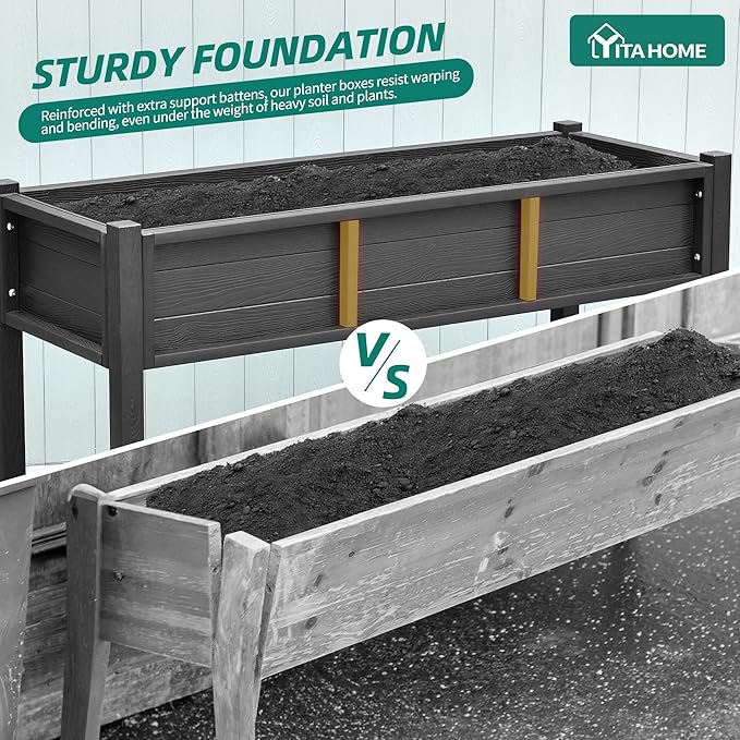 YITAHOME Raised Garden Bed HDPE, 47x18x31In Raised Flower Bed Poly-Wood Weather-Resistant Elevated Planter Box with Lockable Wheels & Storage Shelf for Vegetable Flower, Black