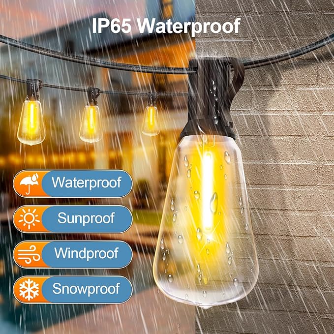 Outdoor String Led Patio Lights - 50Ft 15M Outside Waterproof Light With Remote Dimmable ST38 Shatterproof Bulb Connectable Hanging Outdoor Electric Lighting For Backyard Yard Gazebo Porch Party