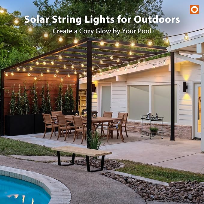 addlon 150FT Solar String Lights Outdoor Waterproof with Remote, Dimmable Commercial Grade Solar Powered String Lights with 80 LED Bulbs, Hanging Light for Camping Backyard Party Decor
