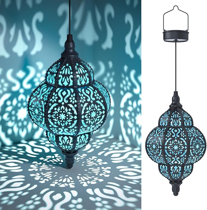 Hanging Solar Lights Outdoor Garden Decor Solar Lantern Waterproof Plastic Moroccan Outdoor Decorations for Patio Pathway Yard Backyard Garden Decorative (1, Black)