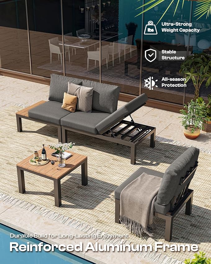 Aluminum Outdoor Patio Sofa Set, 2 Seats Modular Sectional Single Seat Sofa Chairs with Removable Cushions, All-Weather Outdoor Conversation Sets for Garden & Yard, Graphite