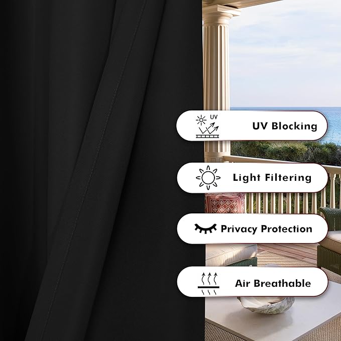 BONZER Outdoor Waterproof Curtains for Patio Extra Wide Grommet Light Filtering Outside Curtains for Gazebo, Porch, Pergola, Pavilion, 1 Panel, 150W x 95L inch, Black