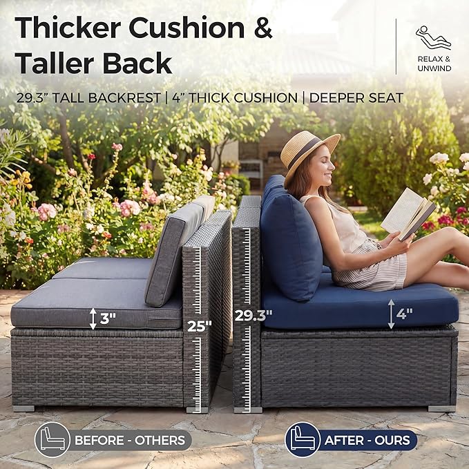 NICESOUL 7 Piece High-End Outdoor Furniture Sofa Set, 29.3'' High Back XL Large Grey Wicker Patio Modular Sectional with Side Tables, All-Weather Couches for Backyard Deck, 2 Color Cushion Navy & Grey