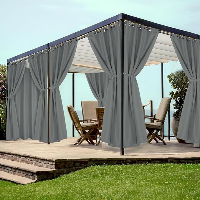 HolidayIdeas Grommet Top Outdoor Curtains for Patio Waterproof 8 Pcs All Weather Balcony Outside Curtain Panels for Apartments, Gazebo, Pergolas, Porch, 54x120 Inch, Grey