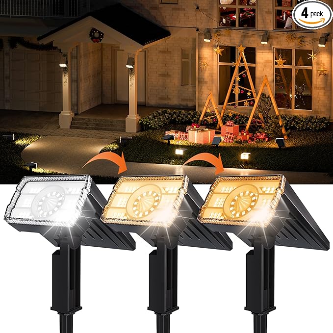 Solar Spotlights Outdoor Waterproof IP67,4 Pack Adjustable Wall&Ground Solar Lights Powered with 3 Colors, 3 Modes, Dusk to Dawn for Pathway/Garden/Yard/Patio/Driveway/Landscape Lighting Outside Décor
