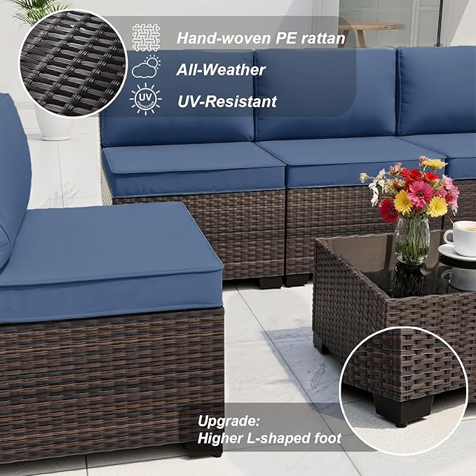 ALAULM Patio Furniture Set with Fire Pit Table 55000 BTU, Outdoor Sectional with Wide Seat and Thick Cushion, 8 Piece Wicker Rattan Conversation Set with Coffee Table for Garden, Deck,NavyBlue