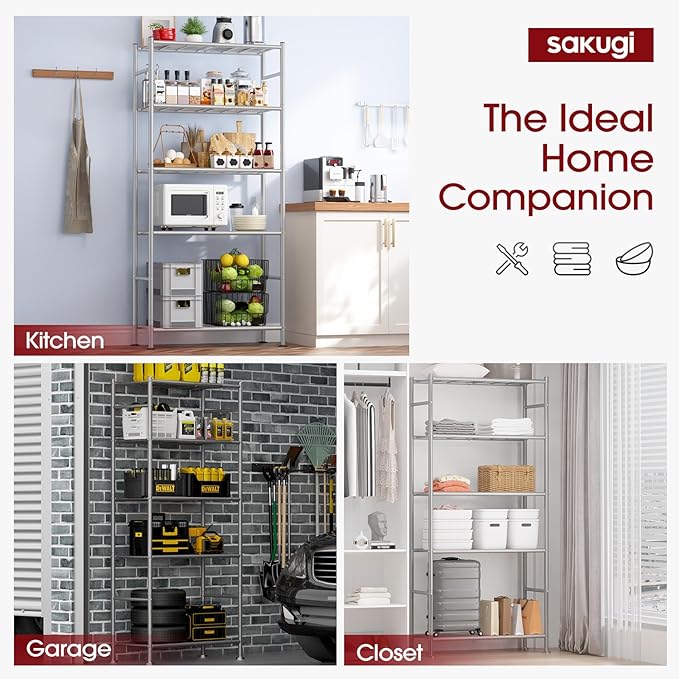Storage Shelves - 5 Tier Shelf Organizer, Heavy Duty Garage Shelving Unit with Leveling Feet, Stable Metal Shelves Organizer for Pantry, Kitchen and Closet, 33.0" W x 12.6" D x 72.0" H, Silver