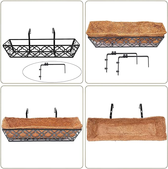 2pcs 24 Inch Window Deck with Coco Liner, 24" Window Boxes Horse Trough with Coconut Coir Liner, Metal Hanging Flower Planter Window Basket Deck Railing Planter Boxes for Outdoor Indoor Lawn