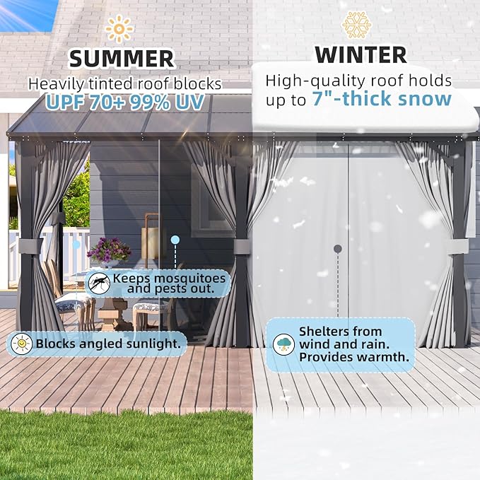AECOJOY 14' x 12' Gazebo Outdoor Pergola with Curtains and Netting for Patio, Large Wall-Mounted Hardtop 12x14 Lean to Metal Heavy Duty Gazebo, Pergolas and Gazebos Clearance with Patio Roof Awnings