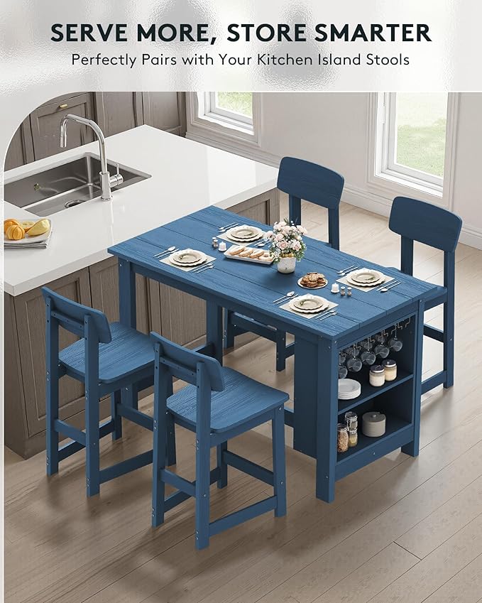 SERWALL 3-Piece Outdoor Counter Height Bar Set, HDPE Patio Bar Table with Wine Rack & Storage Shelf, 2 All-Weather Bar Stools, Patio Bar Dining Furniture Set for 3, Blue
