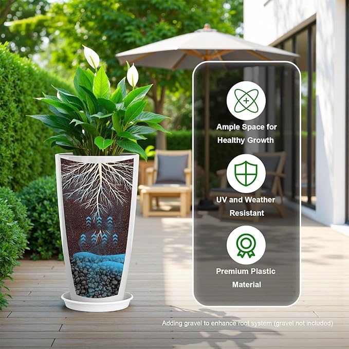 QCQHDU 21 inch Tall Planters for Outdoor & Indoor Plants, Set of 2 Large Outdoor Planters with Drainage Hole for Front Porch, Patio, Garden, White