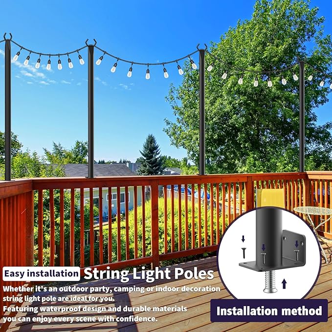6 Pack String Light Poles,5Ft Light Poles for Outside String Lights,Outdoor Lights Pole with Fork,Metal Poles Stand for Patio Deck Backyard