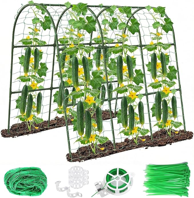 U-Shape Cucumber Trellis for Raised Bed - 47"x47"x22" Metal Garden Trellis with Net & Clips | Rust-Proof Plant Support for Cucumber, Tomato, Peas | Heavy-Duty Outdoor Climbing Plants Trellis