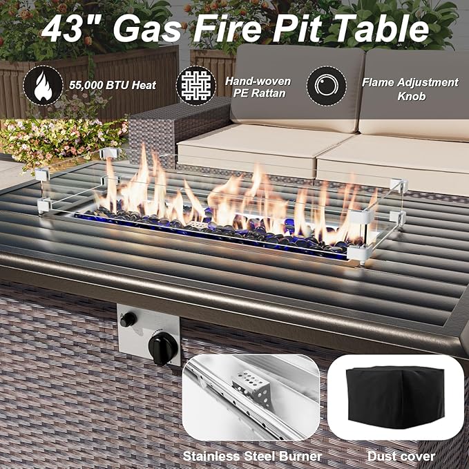 ALAULM 10 Pieces Outdoor Patio Furniture Set with Propane Fire Pit Table Outdoor Sectional Sofa Sets Patio Furniture 43" Gas Fire Pit PE Rattan Patio Conversation Set w/8 Seat Cushions (Turquoise)