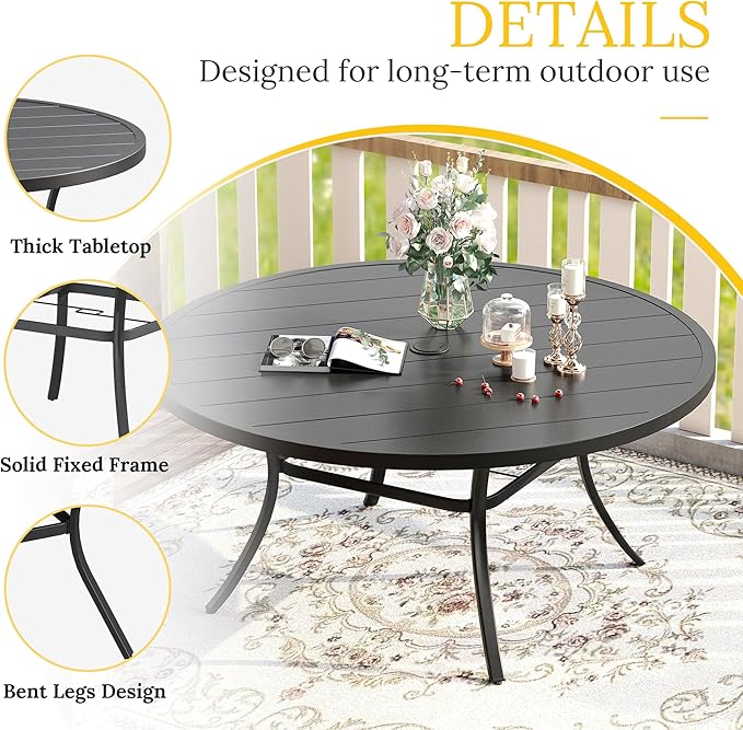 VICLLAX 50" Outdoor Round Patio Table with Umbrella Hole, All Weather Metal Round Outdoor Dining Table for Lawn Garden, 6-8 Person Table, Black