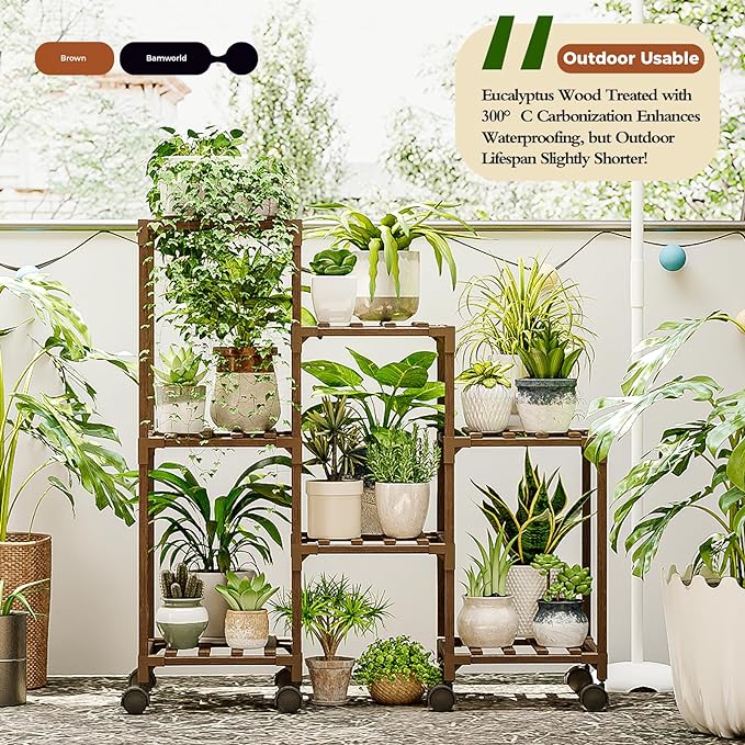 Bamworld Plant Stand with Wheels for Indoor Plants Wood Outdoor Tiered Shelf 3 Tire 7 Potted Ladder Plant Holder Table Pot Stand for Window Garden Balcony Patio Living Room (natureDL)