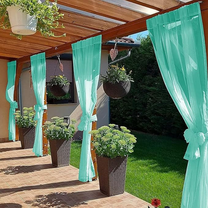 SpaceDresser Waterproof Outdoor Sheer Curtains for Patio - 4 Panels Rod Pocket Indoor Voile Sheer Curtain for Living Room,52W x 96L inch, Turquoise
