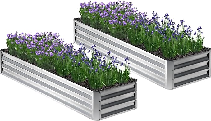 2PCS 8x2x1FT Galvanized Raised Garden Bed,Planter Raised Beds-Metal Garden Box,Large Plant for Outdoor Planting, Vegetables Bed，Flower,herb-Silver