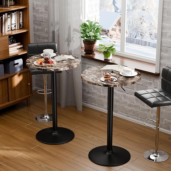 Flamaker Round Bistro Pub Table 23.6 Inch Height Adjustable 360° Swivel Bar Table Metal Base for Pub, Dining Room, Party (2, Marble-Black)