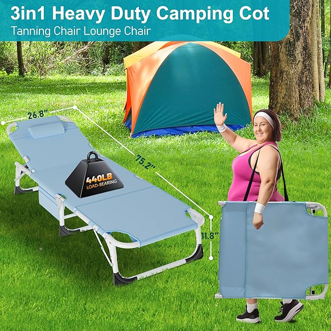 ABORON 3 in 1 Sun Tanning Chair Oversized with Mat&Face Arm Hole,Heavy Duty Folding Chaise Lounge Chairs,5-Position Outdoor Lounge Chair/Pillow, for Beach, Pool, Lawn, Yard, Patio