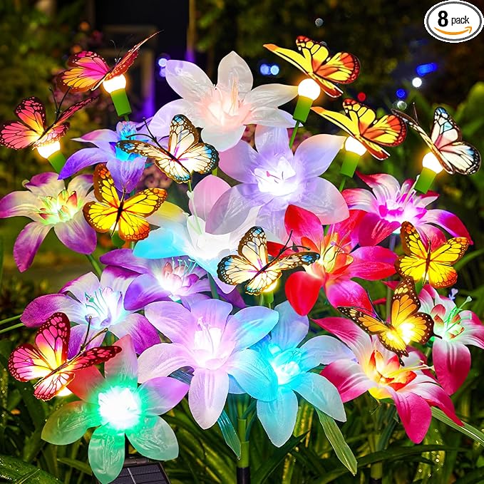 Garpar Solar Flowers Lights Outdoor Waterproof, Upgraded 8 Pack Solar Garden Lights with 32 Lily & 24 Butterflies, Bright Color Changing Outdoor Decor for Outside Yard Patio, Gift (8)