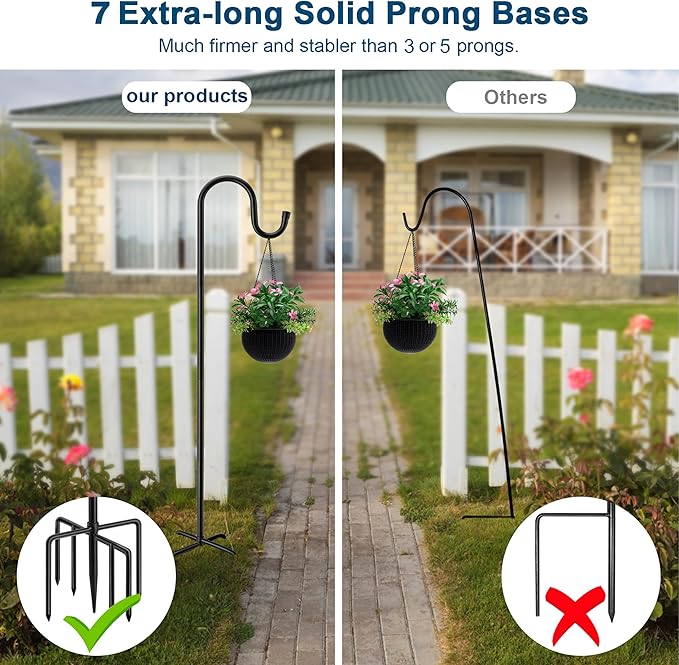 84" Shepherds Hooks for Outdoor, Heavy Duty Garden Bird Feeder Pole Hanging Bird Feeder, Solar Light Lanterns, Outdoor Plant Hanger Hook with 7 Base Prongs, 2 Packs