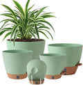 Self Watering Pots for Inoor Ourdoor Plants 10/9/8/7/6.5 Inch Plastic Planters with Drainage Holes & Water Level Indicator, Decorative House Flower Nursery Planting Pots with Saucers (Green)