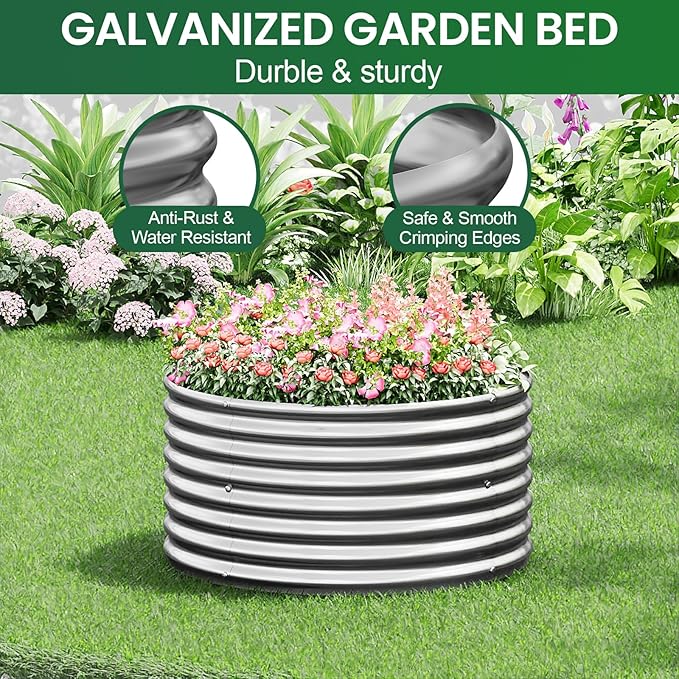 4 Pack Round Galvanized Raised Garden Bed Outdoor, Metal Garden Bed for Vegetables, Above Ground Garden Box for Flower, Steel Raised Beds for Gardening - 2FT