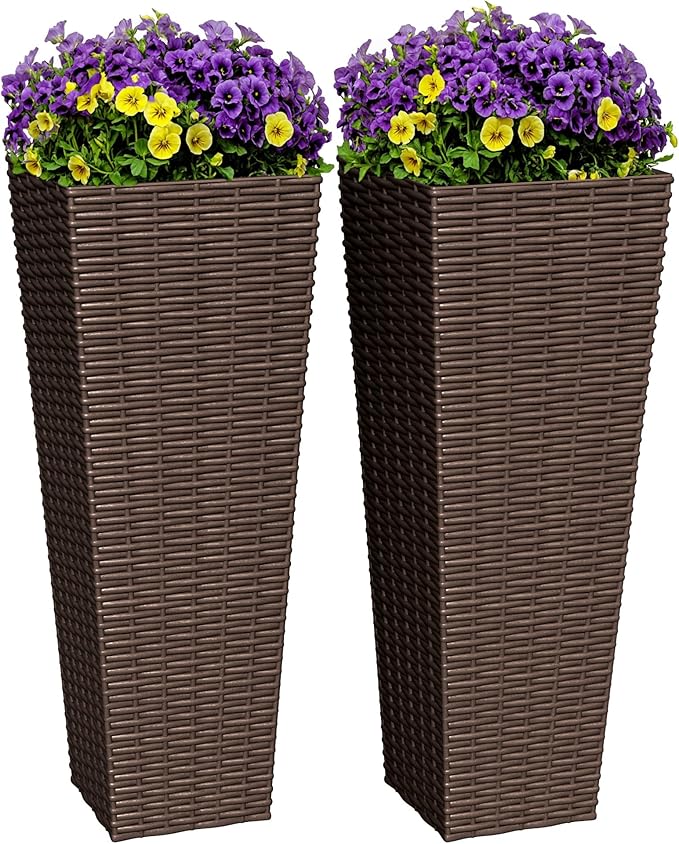 Greesum 24 Inch Tall Plastic Planters with Rattan Texture – Set of 2, Detachable Inner Pot & Drainage Holes, Indoor/Outdoor Decorative Flower Pots for Large Plants, Trees, Patio, and Garden, Brown