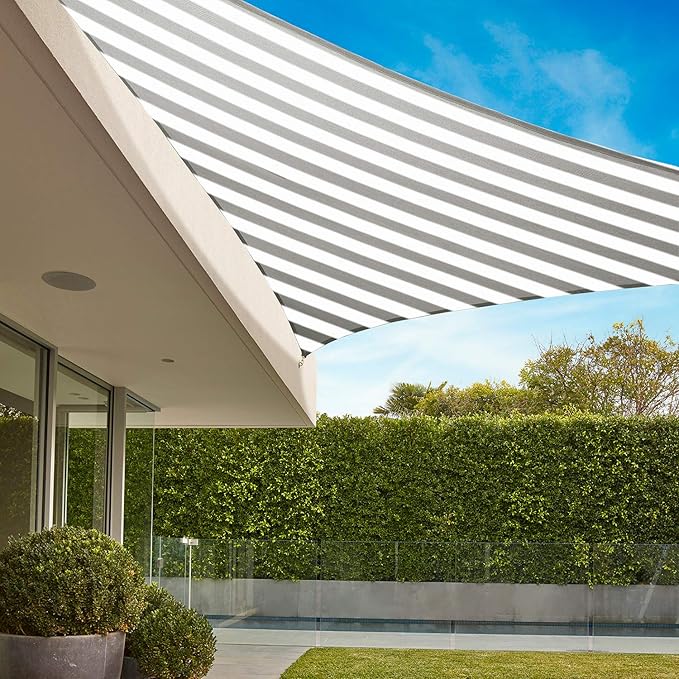 E&K Sunrise 26' x 26' x 26' Sun Shade Sail Triangle Canopy Shade Cover UV Block for Patio Backyard Garden Outdoor (Gray White Strip)