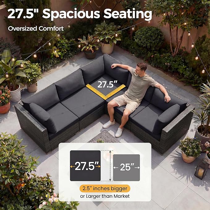 NICESOUL 10 Piece Contemporary Patio Furniture Set with Firepit Table Natural Gas/Propane, 29.3'' High Backrest Outdoor Sofa Conversations, 9 Seats Deep Wide Seating Wicker Sectionals, Dark Gray