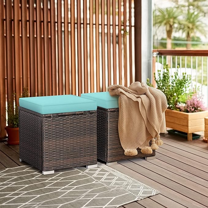 RELAX4LIFE Wicker Outdoor Storage Ottoman, 2-Piece Rattan Footstool w/Removable Cushion, Multipurpose Footrest Stool Side Table Additional Seating, Set of 2 Outdoor Ottomans for Patio Deck (Turquoise)