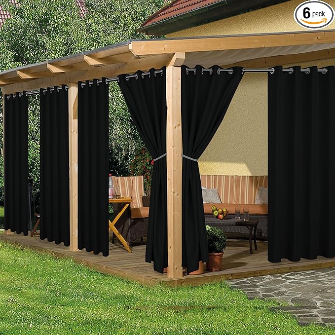 HolidayIdeas Waterproof Outdoor Curtains for Patio, 6 Panels - 54x120 Inches - Weatherproof Privacy Outsides Curtains for Backyard Porch Gazebo, Sunlight & UV Blocking (Black, Grommet Top)