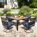 PHI VILLA 5 Pieces Outdoor Dining Set for 4, 42" Square Brown Metal Table with Umbrella Hole & Wrought Iron Swivel Chairs, Large Outside Furniture with Blue Cushions & Pillows for Patio, Deck, Porch