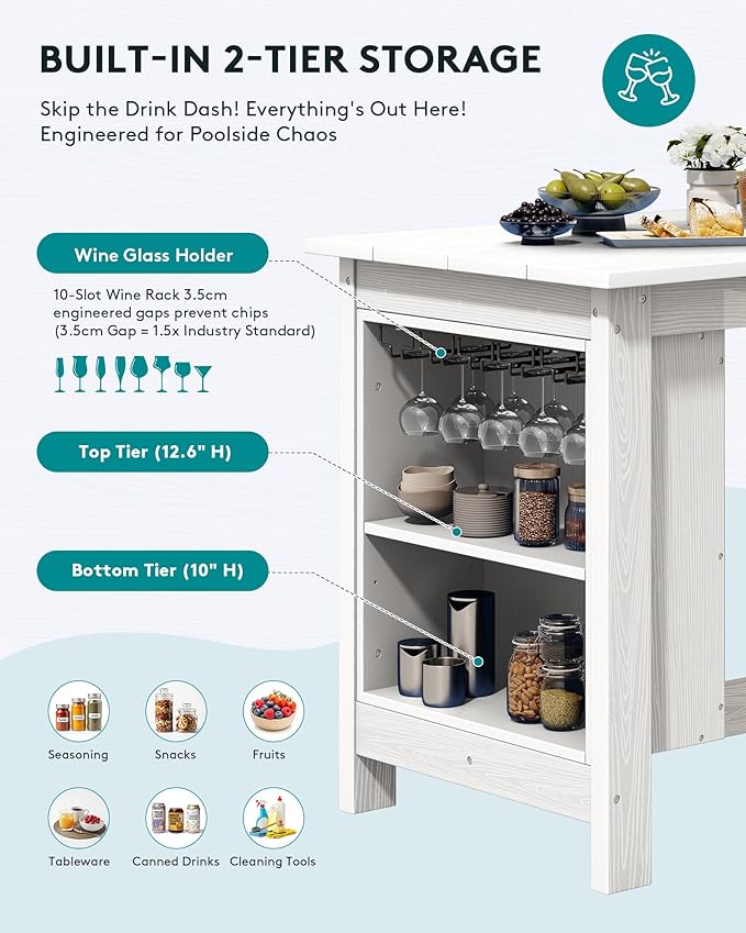 SERWALL Outdoor Bar Table, All Weather HDPE 36" Counter Height Dining Table with Storage and Wine Rack for Patio, Garden, Backyard, Balcony, Poolside, White