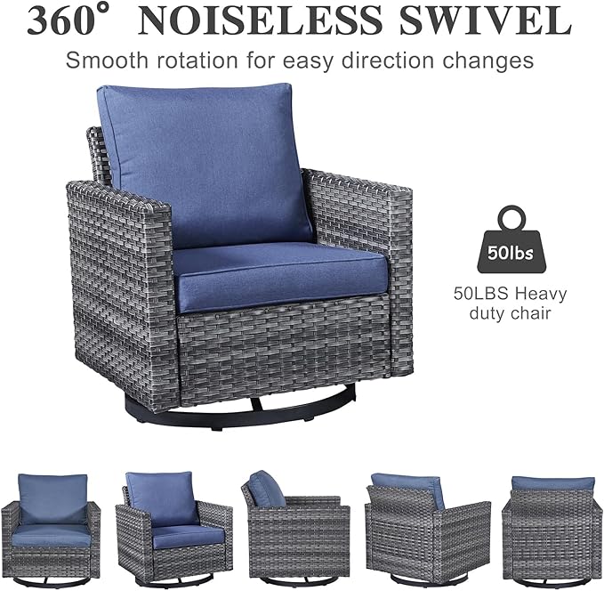 Belord Family Reunion Patio Conversation Set - 6 Piece Outdoor Sectional Furniture Set with Storage Box and Wicker Swivel Glider Chair Set of 2,Removable Blue Cushions for Deck Backyard Sunroom