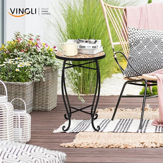 VINGLI Mosaic Outdoor Side Table, 14" Round End Table, Accent Table, Plant Stand Ideal for Pool Side, Porch, Patio, Deck or Sofa Side, Glass Top Black Iron, Golden Backyard