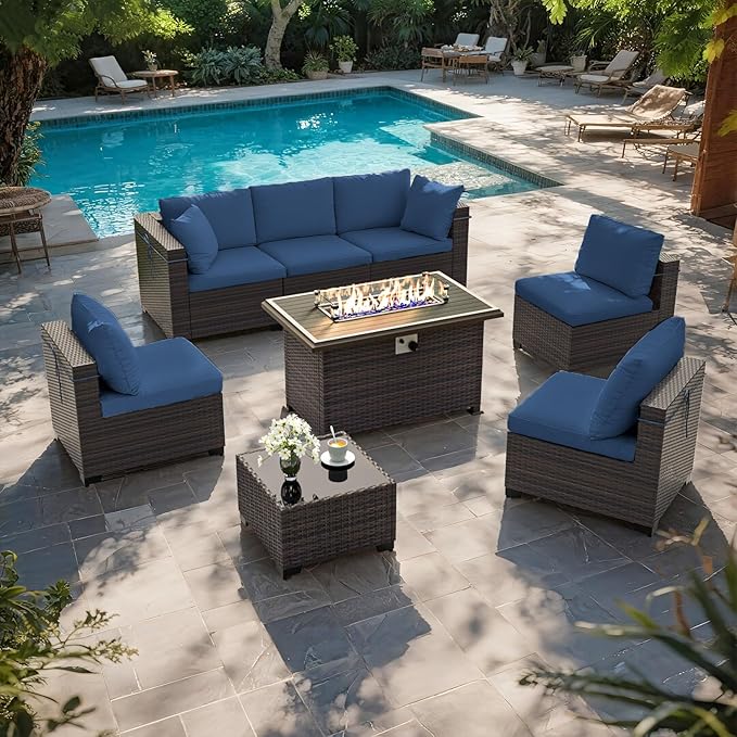 ALAULM Patio Furniture Set with Fire Pit Table 55000 BTU, Outdoor Sectional with Wide Seat and Thick Cushion, 8 Piece Wicker Rattan Conversation Set with Coffee Table for Garden, Deck,NavyBlue